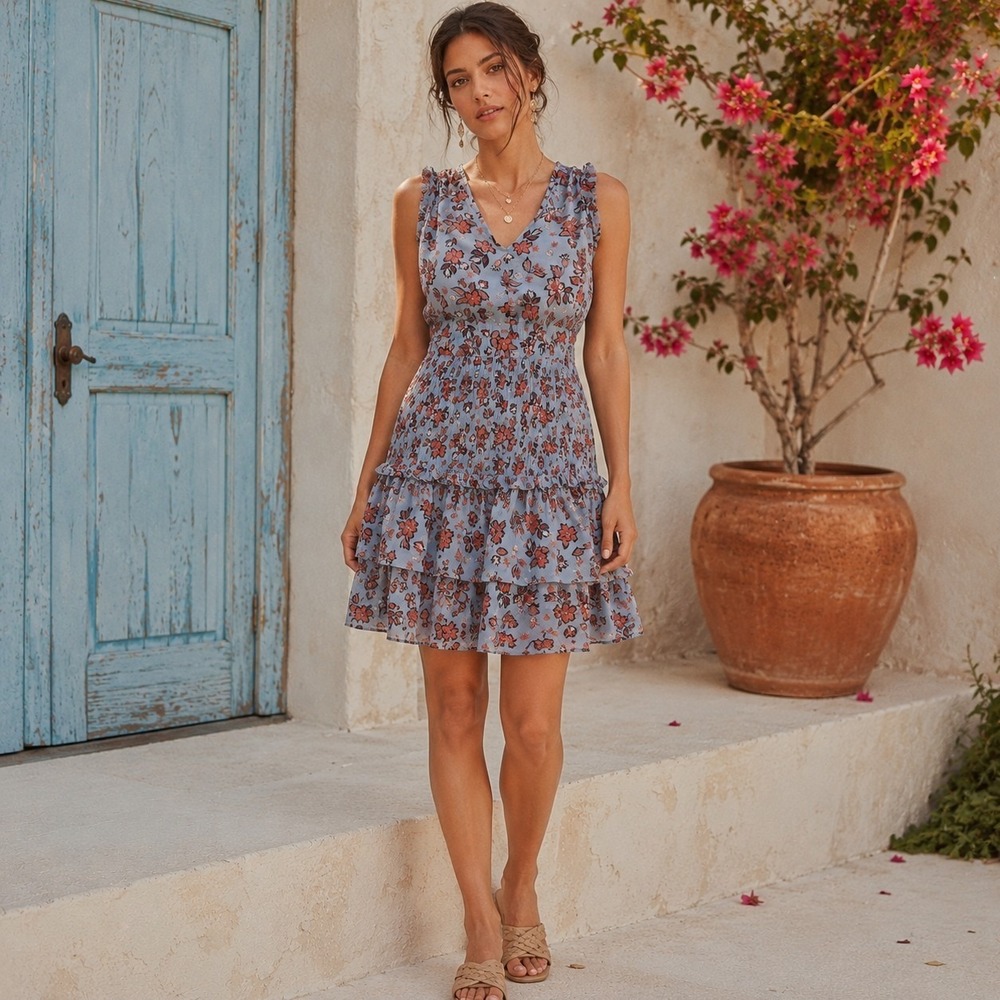 Current Air Floral Smocked Tiered Mini Dress Cottagecore Boho Romantic S